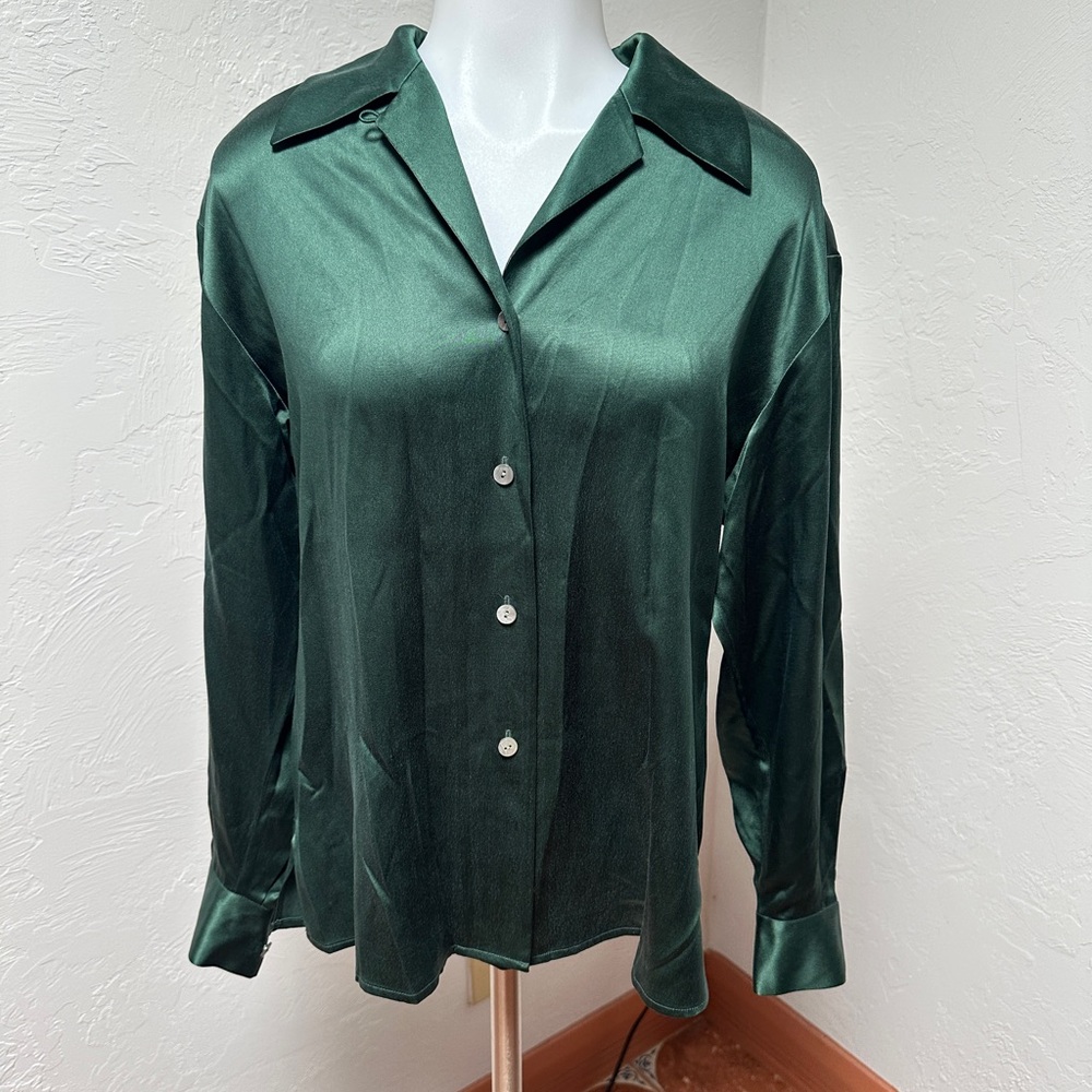 Tesori Dark Green Satin Button Down Shirt